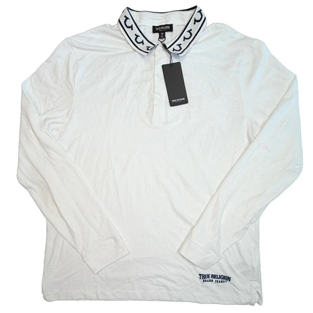 True Religion LS Jacquard Polo Shirt White Long Sleeve Large NWT 108888